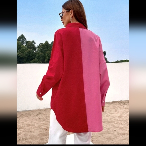 new medium Two Tone Pocket Patched Drop Shoulder Super Oversized Blouse - Picture 2 of 3